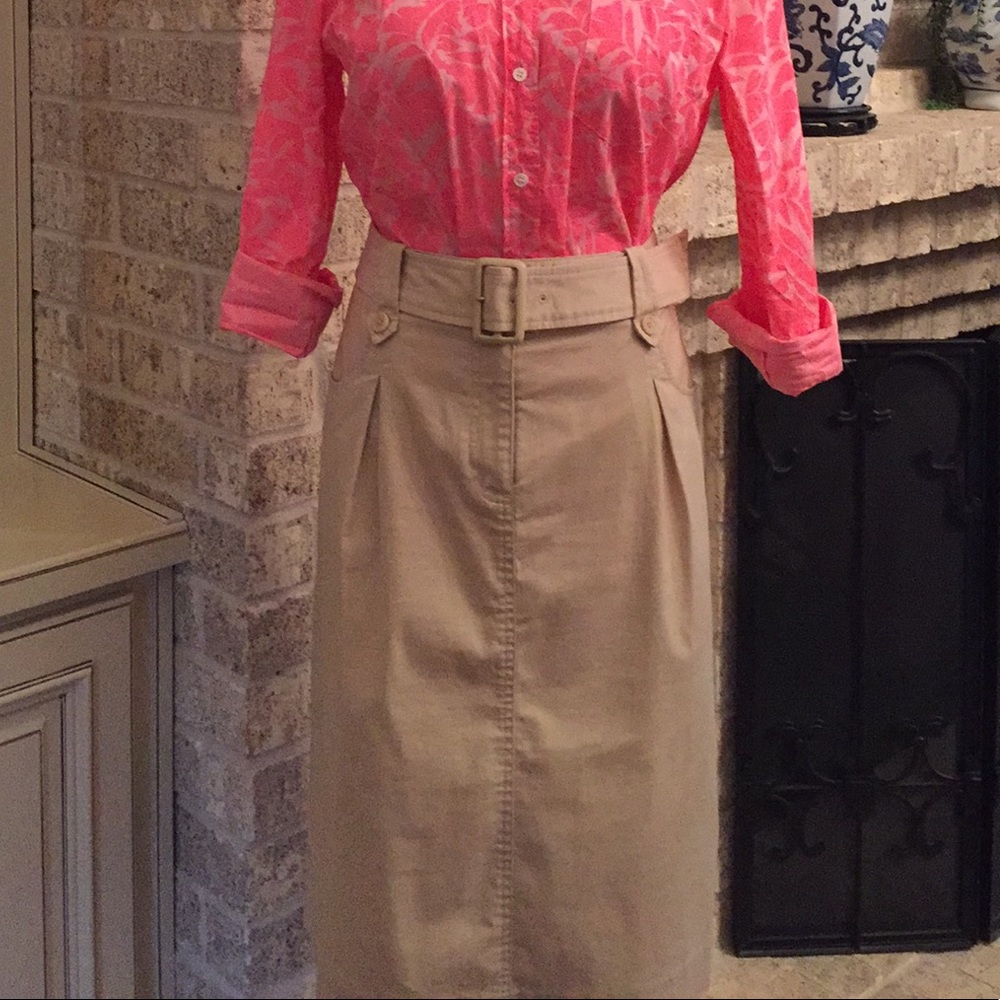 Talbots stretch khaki tan belted pencil skirt 6